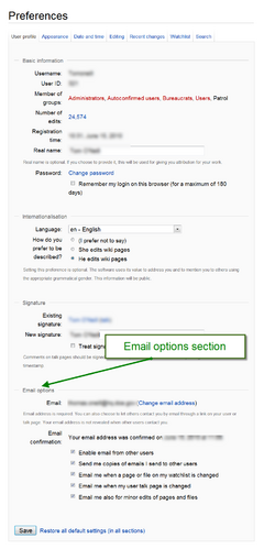 Email options section in Preferences with arrow pointing to "Email options section"